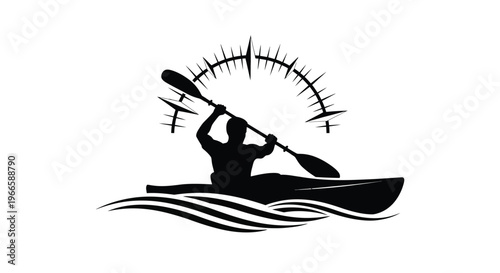 Silhouette of a kayaker paddling on water with a radial graphic above.