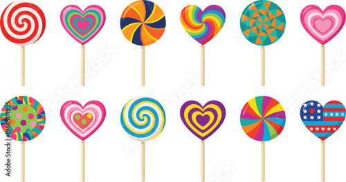 Colorful lollipop candy collection with heart, swirl and geometric patterns, vibrant sweet treats set, playful dessert icons for kids party, packaging, stickers and festive design use