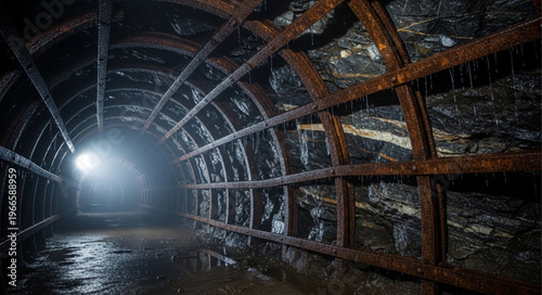 Dimly Lit Abandoned Mine Tunnel with Rusty Support Beams.