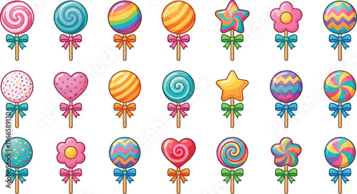 Colorful lollipop candy collection with swirl, heart, star and flower shapes, vibrant sweet treats set with bows, cute dessert icons for kids party, packaging and festive designs