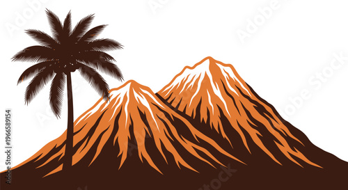 A stylized illustration features a lone palm tree silhouetted against two prominent mountain peaks.