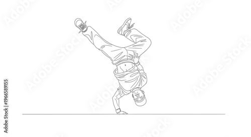 A person performs a breakdance move on one hand, balancing their body in mid-air.