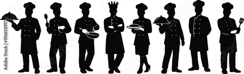 Set of professional chef silhouettes in uniform holding kitchen tools and serving dishes isolated on white background restaurant culinary staff vector illustration
