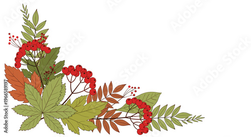 Elegant autumn corner border arrangement of green and orange leaves with clusters of small red forest berries.