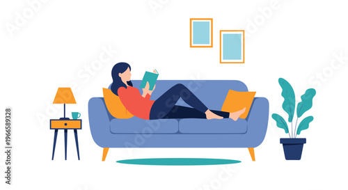 Young woman relaxing comfortably on a blue living room sofa while reading an interesting book in a flat style.