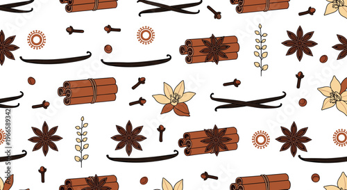 Seamless spice pattern with cinnamon sticks vanilla pods star anise and cloves decorative food background in modern flat style