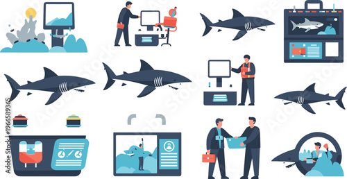 Shark research and marine monitoring illustration set with scientists ocean data analysis and underwater wildlife study in modern flat design