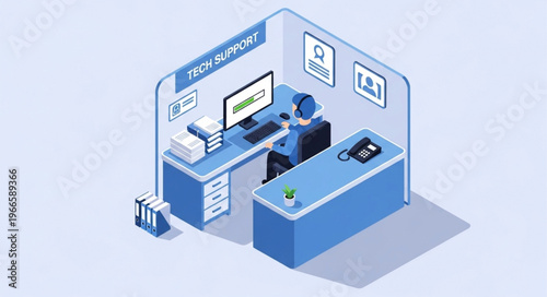 Isometric Office Workstation with Computer, Desk, and Office Supplies.