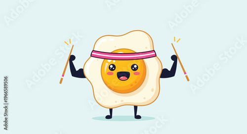 Strong and funny fried egg character with muscular arms wearing a pink headband and holding exercise sticks.