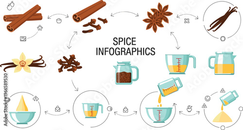 Spice preparation infographic set with cinnamon cloves vanilla and cooking process steps in modern flat design isolated on white background