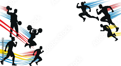 Sport fitness silhouette composition with running jumping and weightlifting athletes dynamic motion streaks isolated on white background
