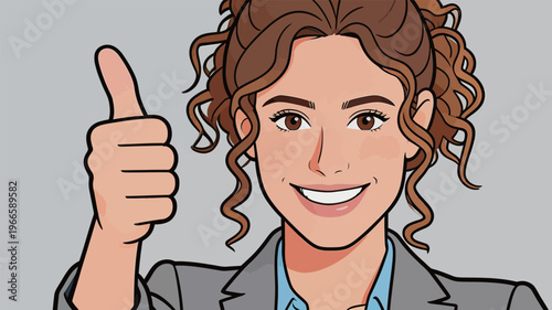 Woman gives thumbs up while smiling in a simple setting during daytime hours in an office-like environment