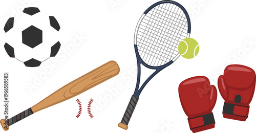 Sports equipment vector set with soccer ball baseball bat tennis racket boxing gloves and game elements isolated on white background