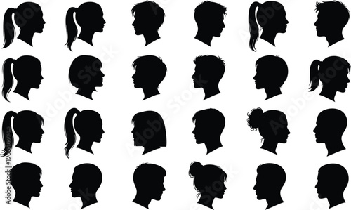 Set of diverse human head profile silhouettes featuring men and women with various hairstyles and haircuts for beauty salon hair care and identity representation.