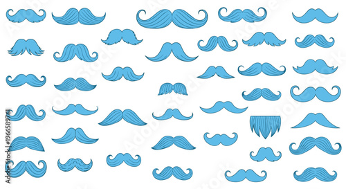 Extensive collection of various stylized blue mustache and beard shapes for men isolated on a white background.