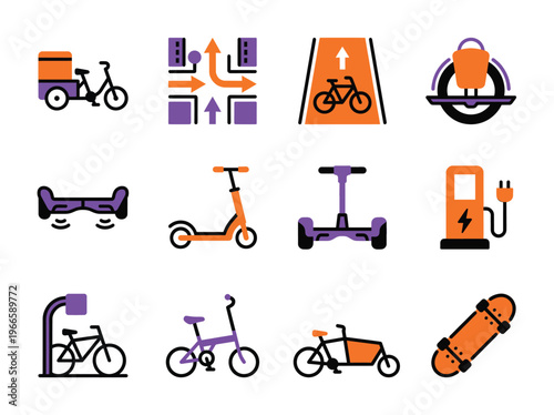 Micro-mobility futuristic cyber transportation modes icons