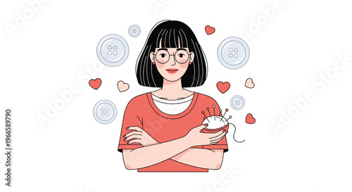 Creative woman with glasses holding a pincushion and surrounded by floating sewing buttons and pink hearts.