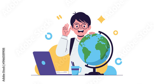 Smiling young boy student with glasses standing next to a globe and a laptop ready for his school lessons.