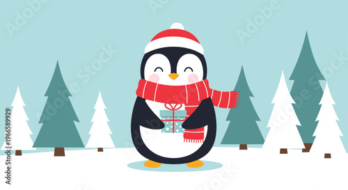 Adorable penguin wearing a santa hat and scarf holding a wrapped christmas gift in a winter forest setting.