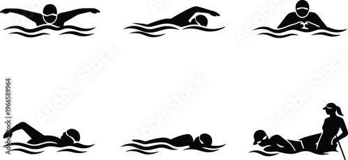 PrintSwimming silhouettes set with different strokes including freestyle breaststroke and butterfly isolated on white background for sports activity water athlete training vector illustration