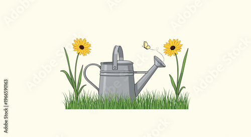 Classic metal watering can placed in a green garden with beautiful sunflowers and a small butterfly flying around it in the summer.