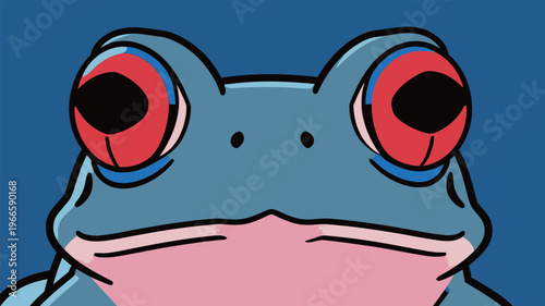 Red-eyed tree frog with blue background looks directly at the viewer in a simple cartoon style
