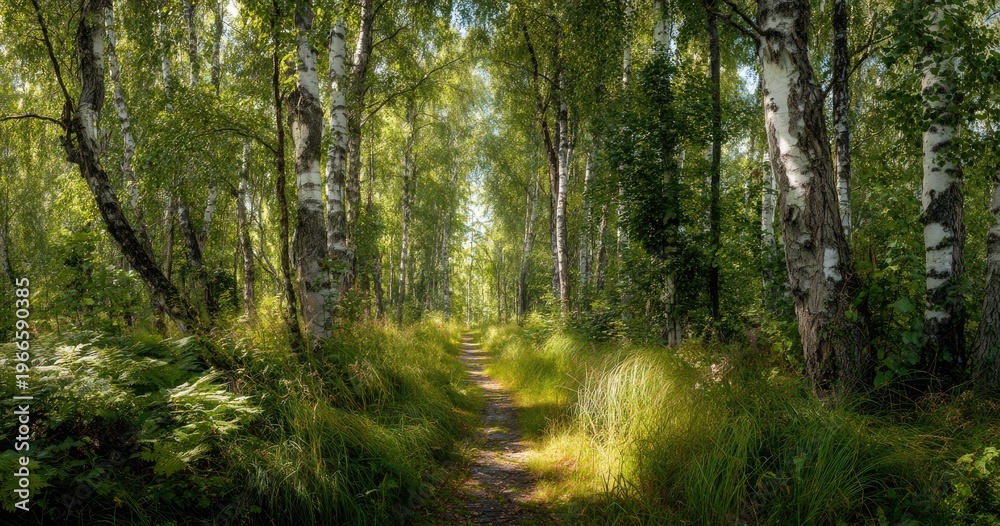 Fototapeta premium Sunlit path through a vibrant green forest with tall birch trees
