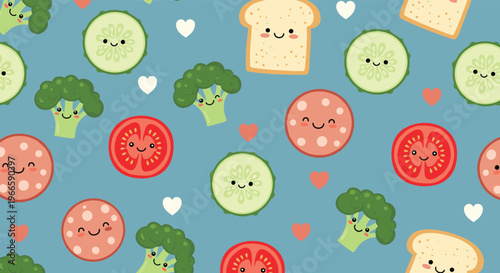 Seamless pattern featuring cute cartoon characters of various foods like tomatoes, cucumbers, broccoli, bread, and savory salami.