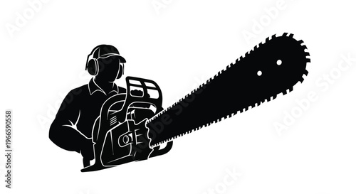 Silhouette of a person holding a chainsaw with a long bar against a white background.