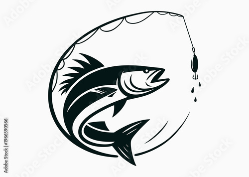 Pike ready to swallow hook with bait, black and white silhouette