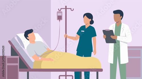 Doctor and nurse caring for a patient in a hospital bed with an IV drip.
