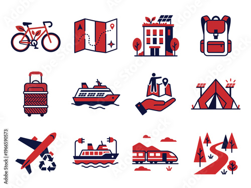 Eco-friendly travel icons in geometric flat style
