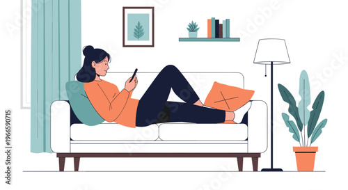 Young woman relaxing on a comfortable white sofa in her living room while using her smartphone for social media and chatting.