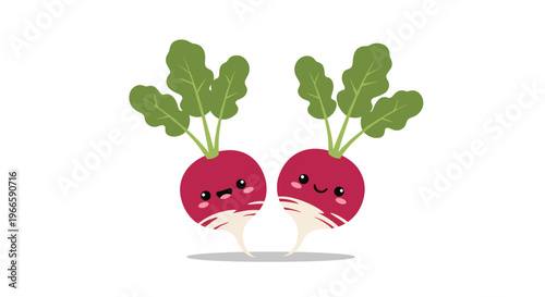 Pair of cute smiling radish characters with green leaves and pink cheeks standing together on a clean white background.