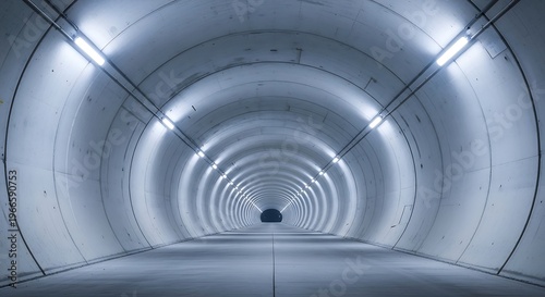 Vast, illuminated concrete tunnel receding into the distance, creating a sense of depth and mystery with its repeating architectural lines and overhead lighting fixtures