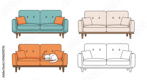 Set of four different sofa styles including turquoise, beige, and orange colors with a cute sleeping cat on one of them.