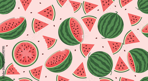 Vibrant seamless pattern featuring whole watermelons and slices with bite marks on a soft pink background for the summer.