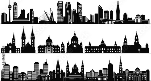 Set of diverse city skyline silhouettes featuring modern skyscrapers historic cathedrals and famous architectural landmarks for urban landscape design travel and global tourism industry.