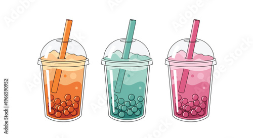 Set of three refreshing bubble tea cups with different flavors including orange, turquoise, and pink colors for a menu.