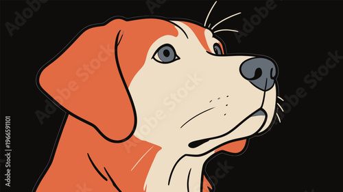 Dog with orange and white fur looks up with curiosity in simple cartoon style