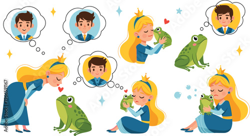 Princess and Frog Love Story Illustration Set with Romantic Kiss Transformation Scenes and Fairy Tale Character Sequence for Kids Storybook Vector Design
