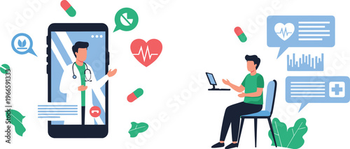Telemedicine consultation illustration with online doctor video call digital healthcare app and remote medical support in modern flat design