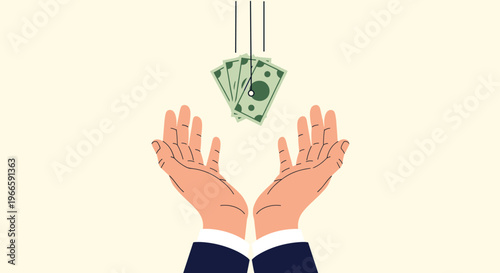 Two hands reaching out to catch falling dollar bills representing financial success, business growth, or wealth generation.