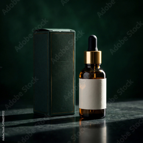 Luxury amber cosmetic serum bottle mockup with blank label and premium packaging box on dark background