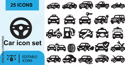 A colorful set of simple vehicle icons including cars trucks buses and taxis designed in a clean vector style for easy understanding and everyday use