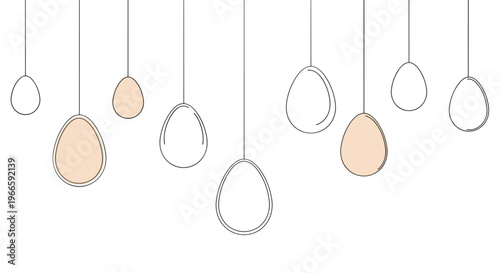 Set of various egg outlines and filled shapes hanging on strings as a minimalist decoration for an Easter holiday project.