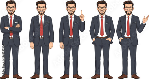 Businessman character set vector illustration showing professional man in suit, different poses, gestures, corporate style, leadership concept, isolated design