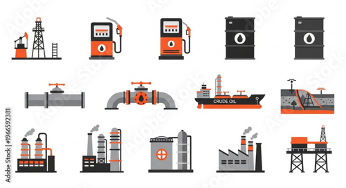 Oil and Gas Industry Icons - Extraction, Processing, and Transportation.