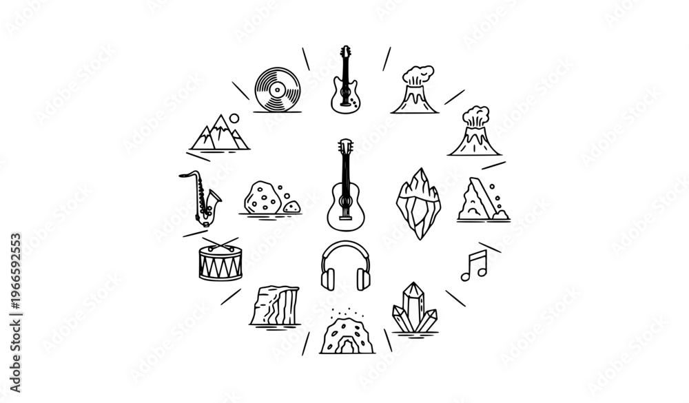 Fototapeta premium Modern rock line icon collection with guitar volcano mountain and music nature elements