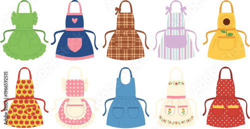 Colorful apron collection vector illustration featuring kitchen cooking aprons, vintage and modern styles, household apparel design, isolated decorative set background